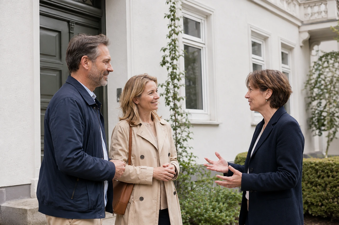 Symbolischer Austausch vor einem mitteleuropäischen Wohnhaus