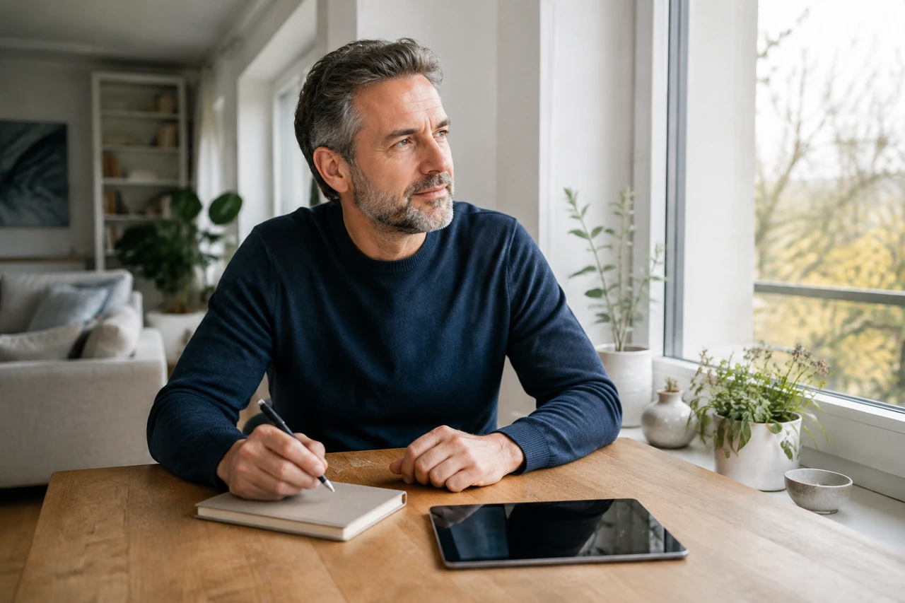 Symbolische Vorbereitung eines Immobilientermins mit Notizbuch und Tablet